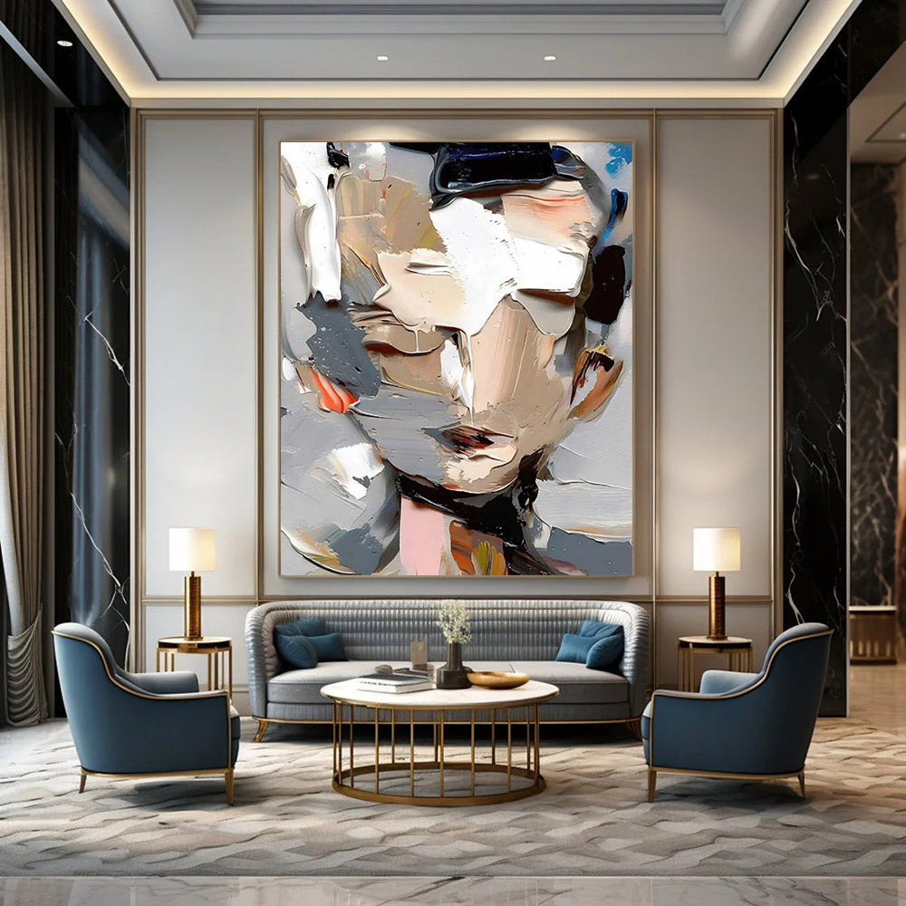 “Gray, White, Colorful Abstract Portrait ‘Fragmented Identity’” - Textured Figurative Painting On Canvas DTP320