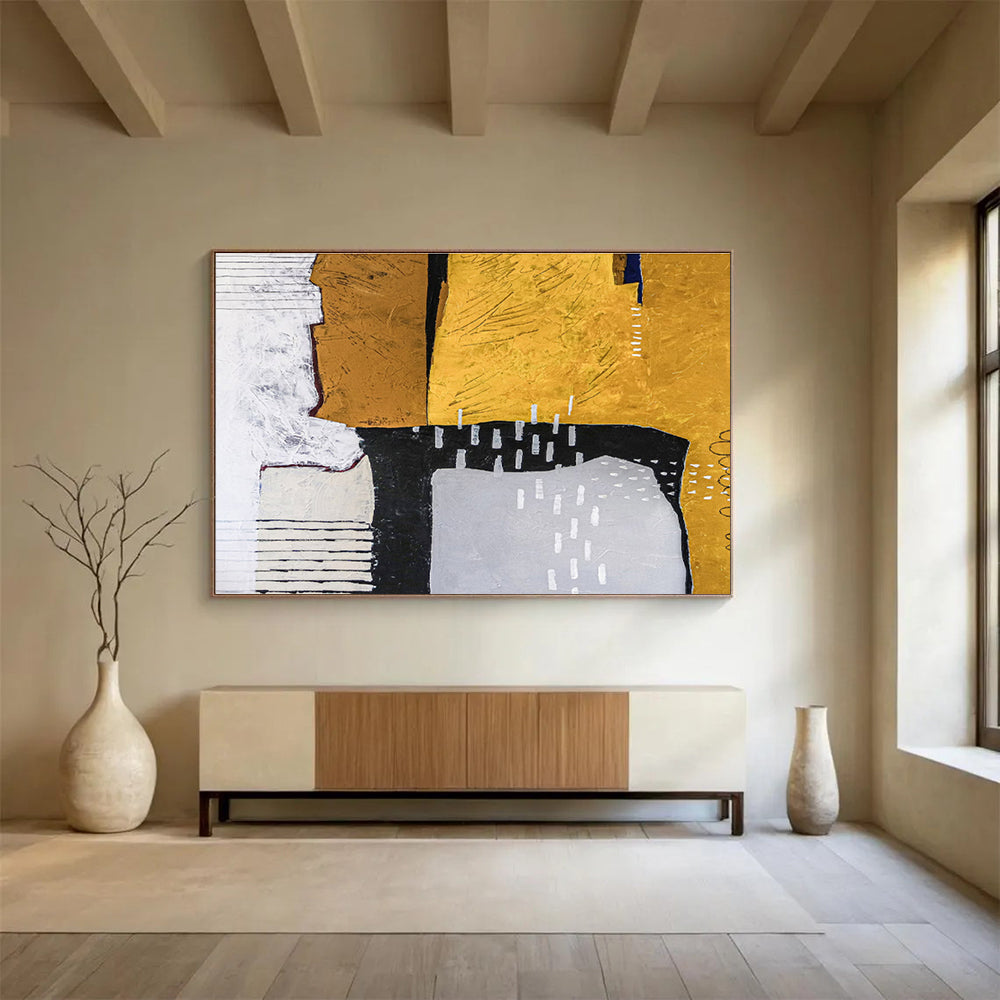 Earthy Geometric Collage in Mustard, Black, and Cream, Abstract Mixed - Media Painting On Canvas DKH574