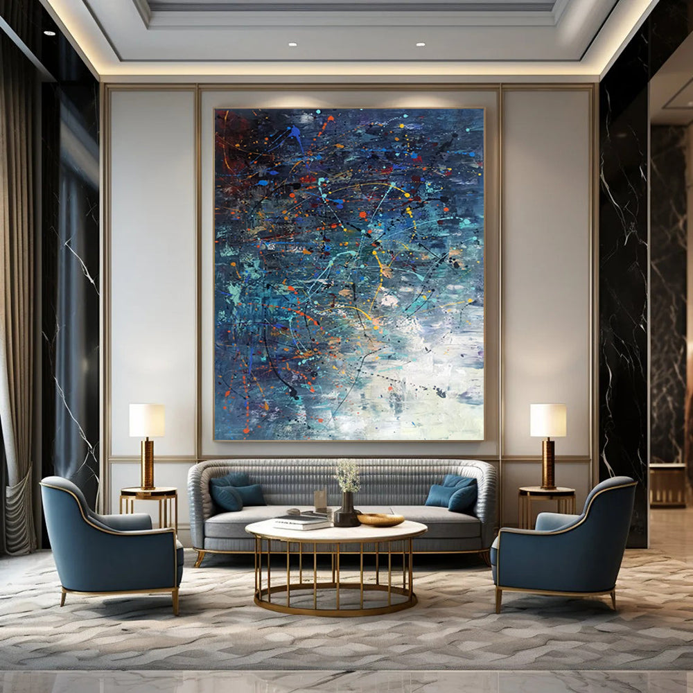 “Dynamic Color Splash” - Blue, Orange, Yellow, White Abstract Painting On Canvas DTP246