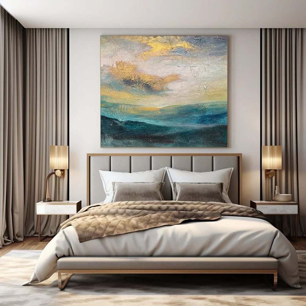 “Gold, Blue, Gray Hazy Landscape” – Abstract Landscape Painting CT1004