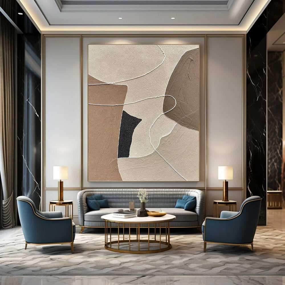 “Neutral - Toned Abstract with White Lines and Shapes” - Minimalist Textured Painting On Canvas DKH1112