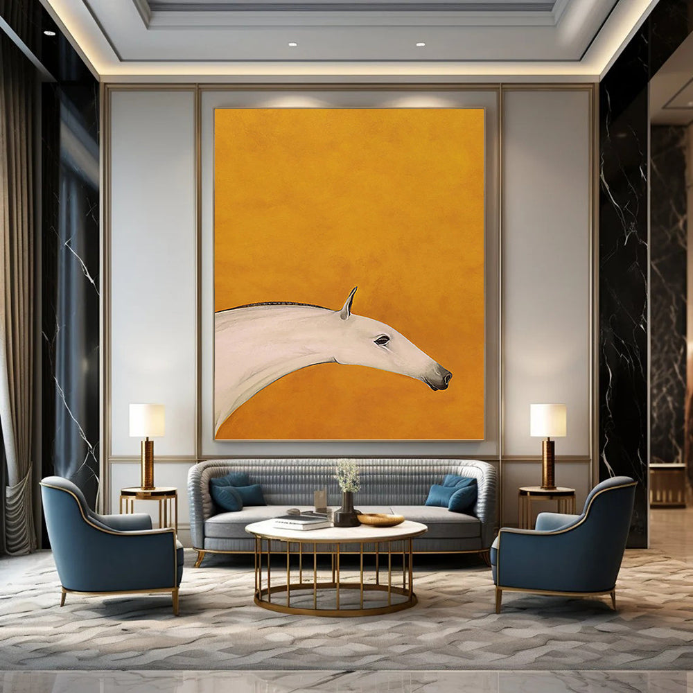 Minimalist White Horse on Orange Background - Equine Painting On Canvas DKH1427
