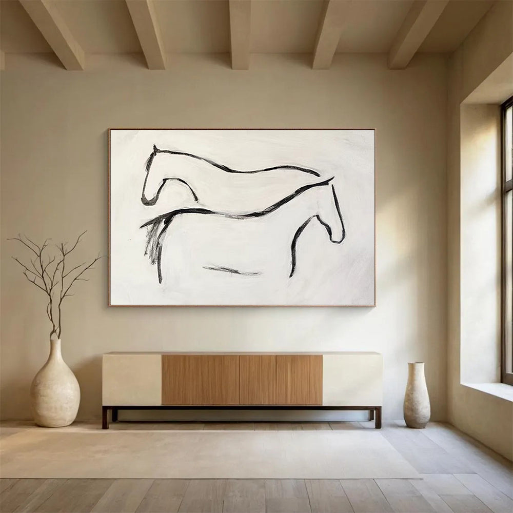 “Ink - Drawn Equine Silhouettes” - Black, White Minimalist Horse Painting On Canvas DKH751