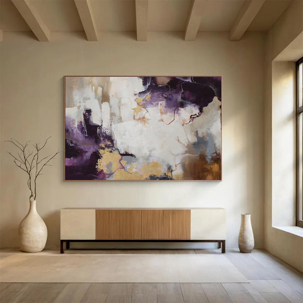 Purple, White, and Gold Abstract “Regal Ethereal Abstraction” Painting On Canvas DKH131