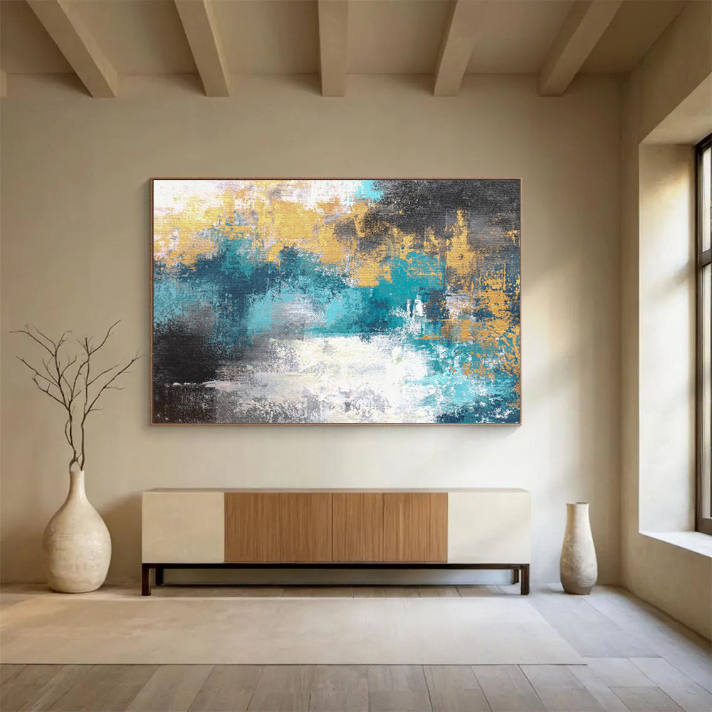 “Teal and Gold Abstract - Textured Blue - Greens and Shimmering Golds” Painting On Canvas DKH004