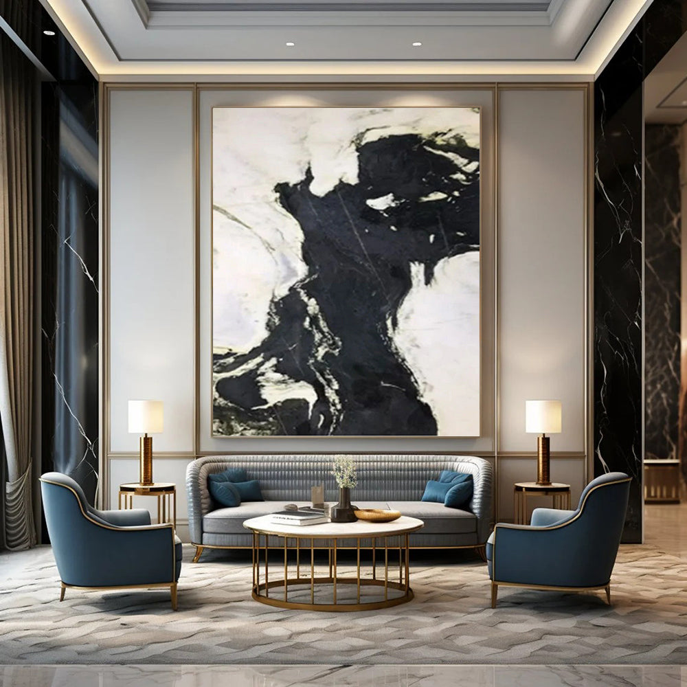 “Black & White Marble - like Abstraction” - Monochromatic Abstract Painting DKH1046