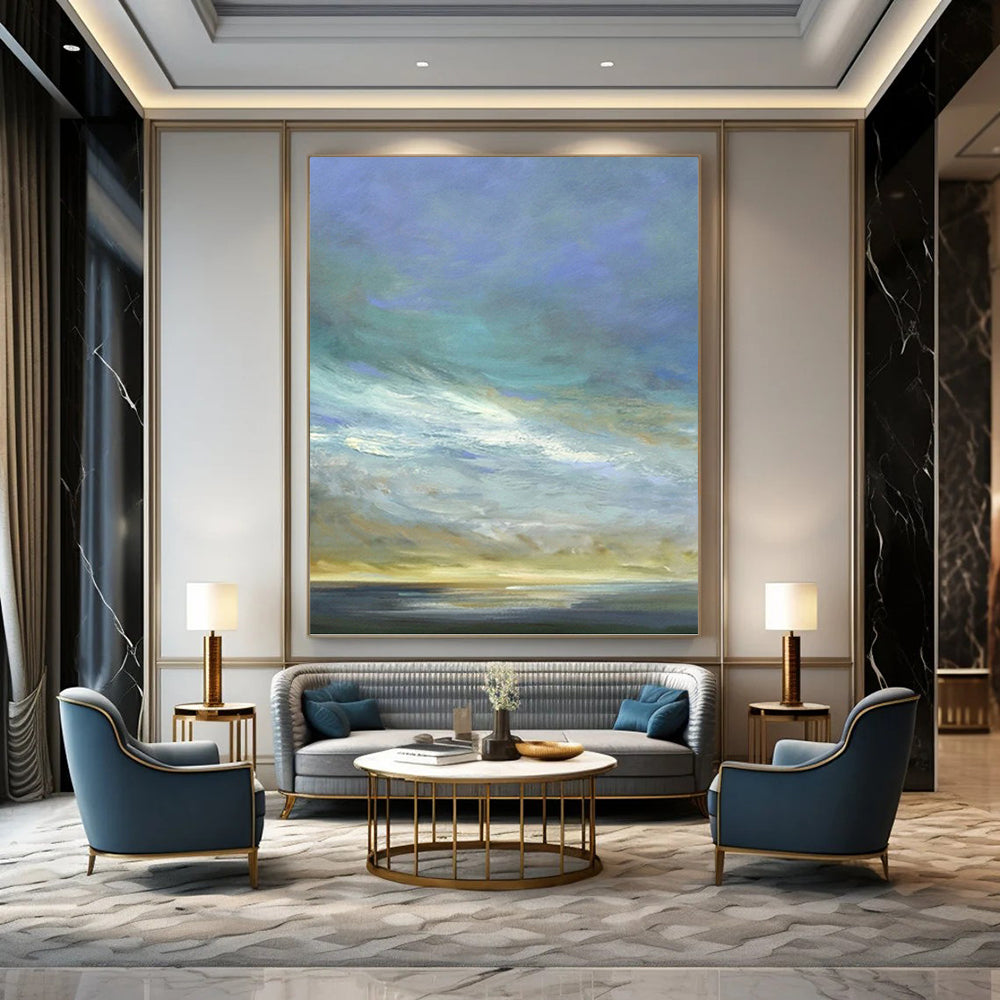 “Sky & Sea in Lighter Hues” - Blue, Beige & White Impressionistic Painting On Canvas DKH0954