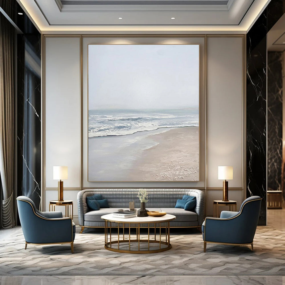 “Serene Gray Beach” - Gray, Blue, White Landscape Painting On Canvas DTP310