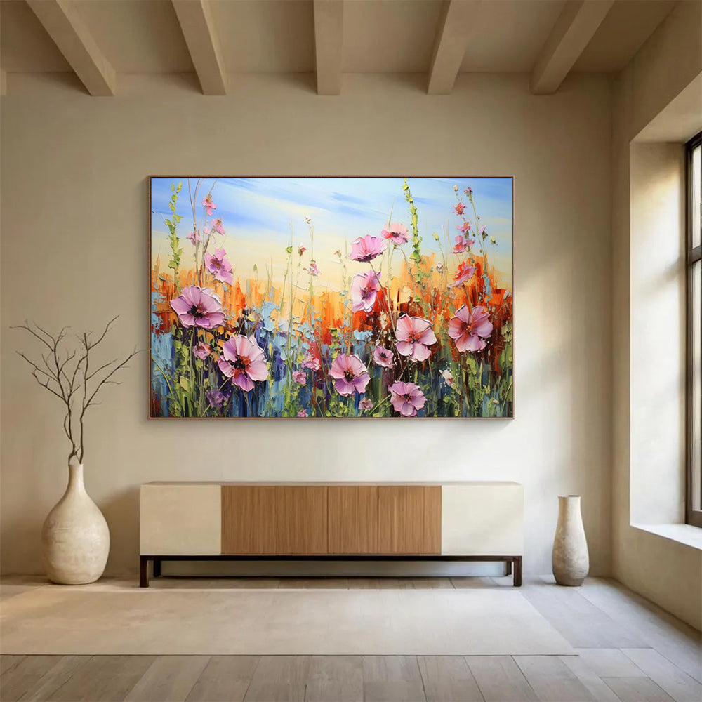 Impasto Wildflower Meadow - Pink, Orange & Blue Floral Painting On Canvas DKH903