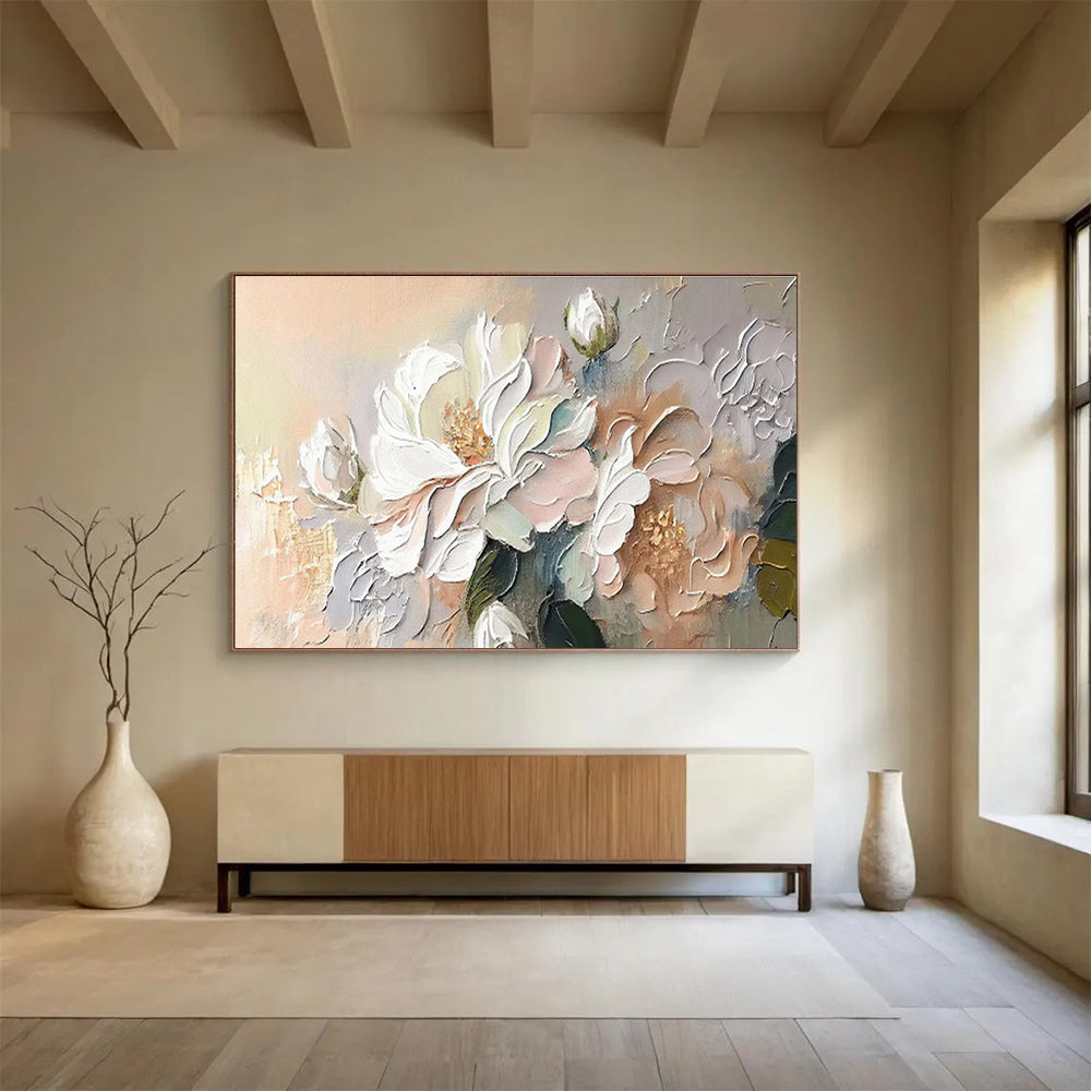“Soft Blossom Touch” - White, Pink, Beige Textured Floral Impasto Painting On Canvas DKH713