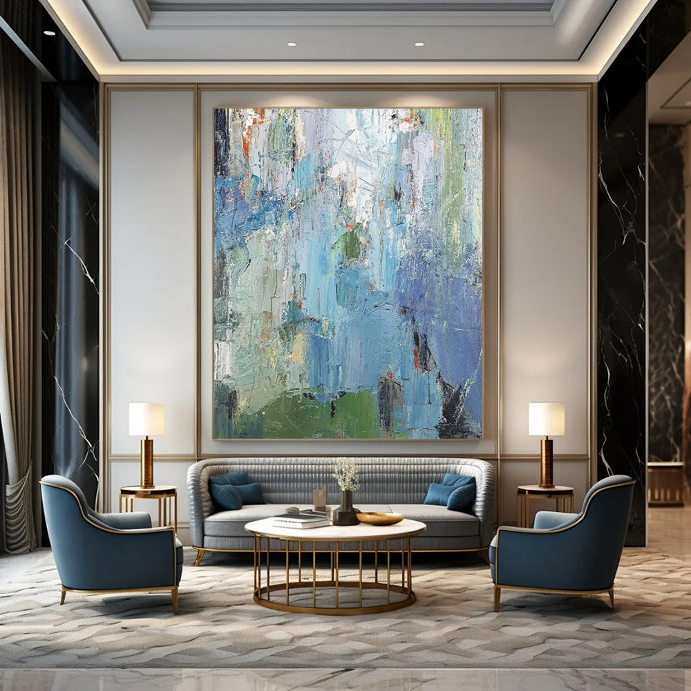 Blue & Green Textured Abstraction - Impasto - Style Abstract Painting On Canvas CT2262