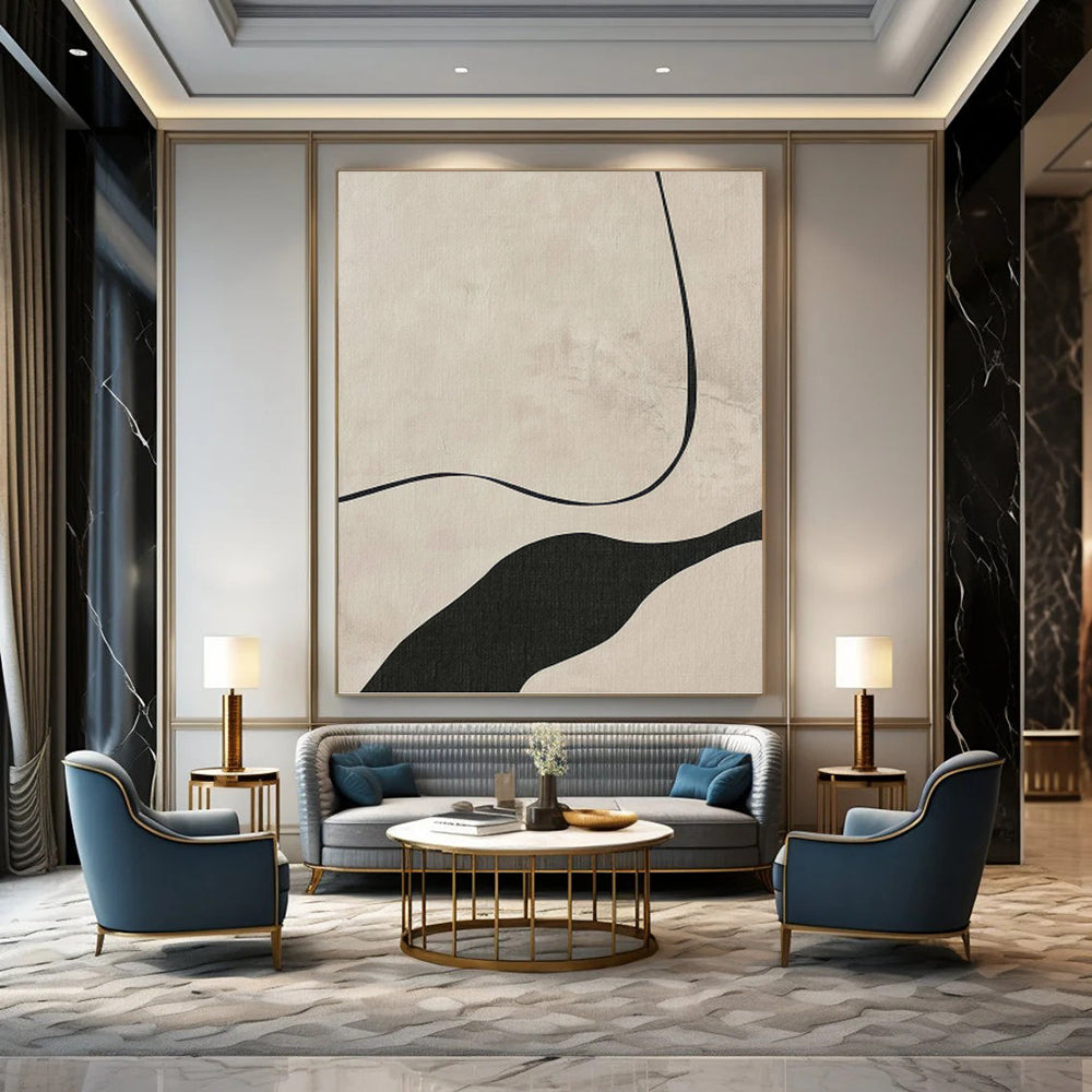Beige & Black Curves - Minimalist Flow Painting On Canvas DKH1148