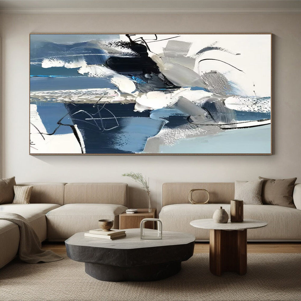 Blue, Gray & White Dynamic Shapes, “Urban Pulse” - Impasto Abstract Painting CT0771