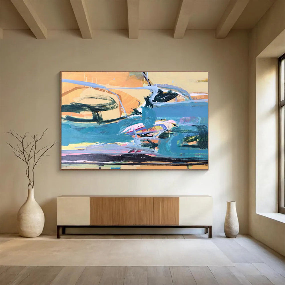 “Blue, Orange, Pink Coastal ‘Sunset Surf’” - Abstract Seascape Painting On Canvas DLZ007