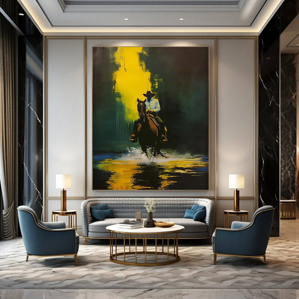 “Cowboy on Horse in Yellow - Green” - Dramatic Western - Inspired Painting On Canvas DTP104