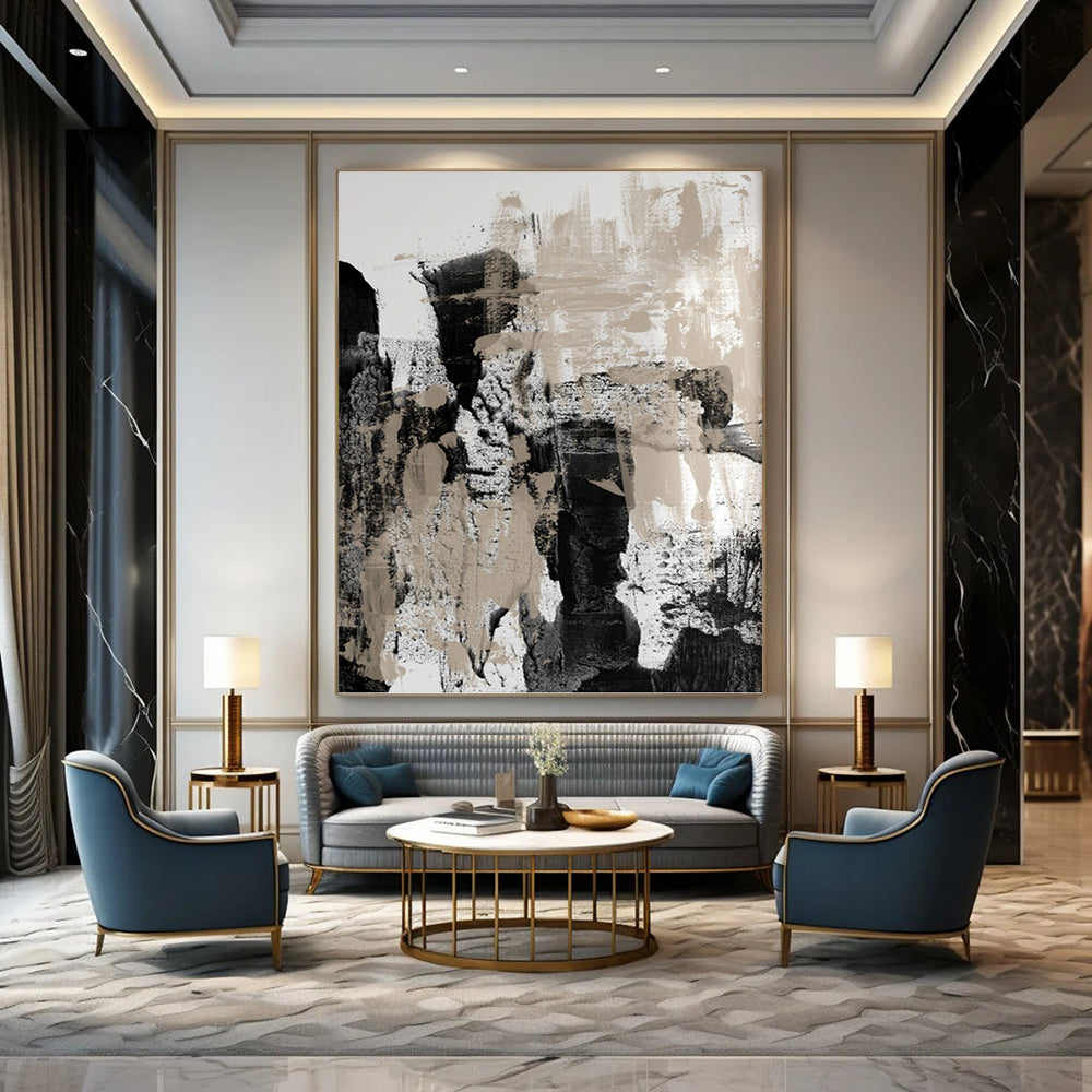 “Monochrome Abstract Strokes” - Black, White & Beige Textured Painting On Canvas DKH0966