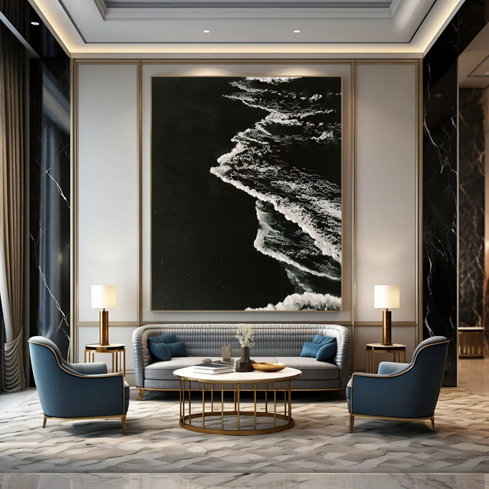 “Black, White Textured Waves ‘Nocturnal Tide’” - Impasto Monochrome Sea Painting On Canvas DTP349