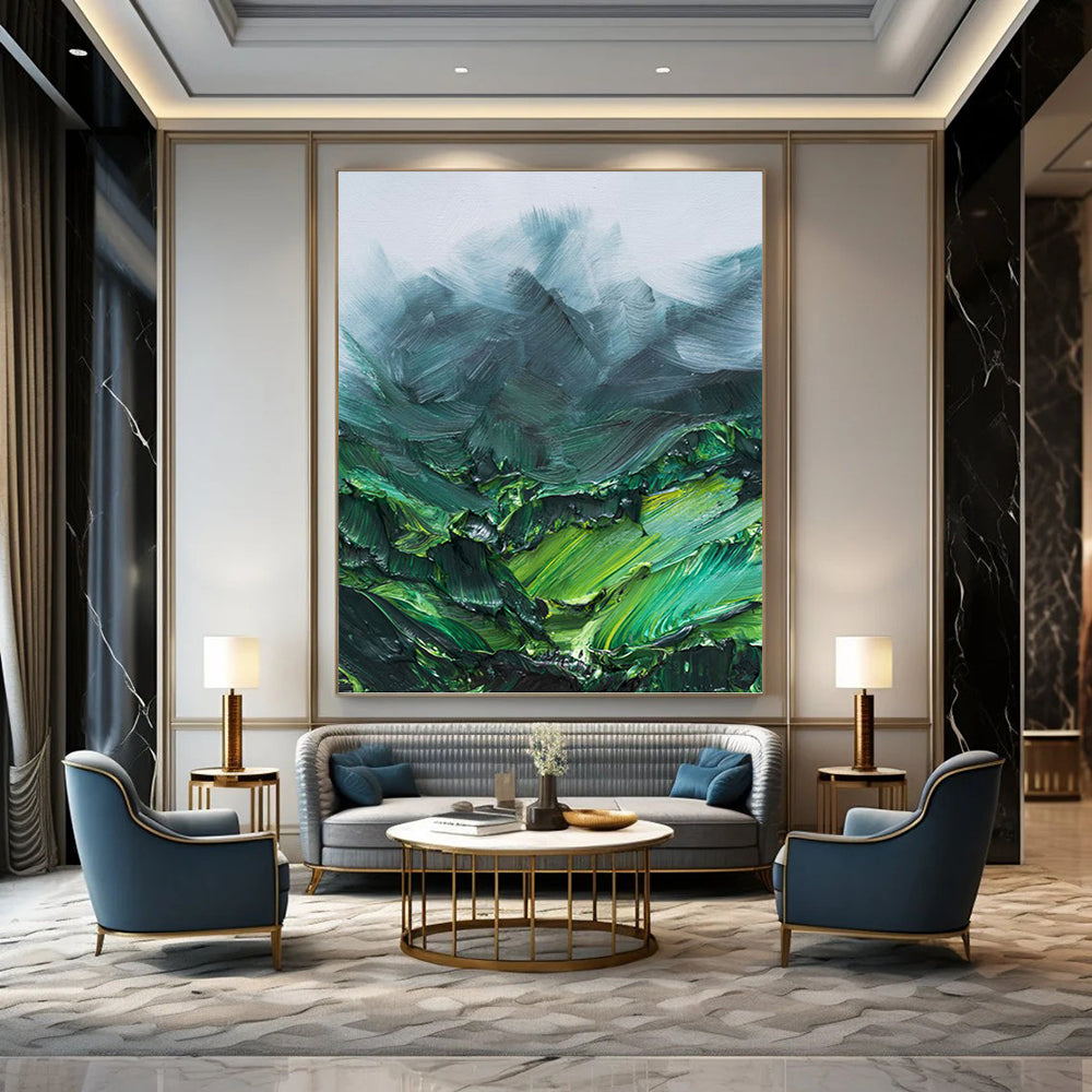 “Green Mountain Impasto” - Green, Teal & Gray Textured Landscape Painting On Canvas DKH0944