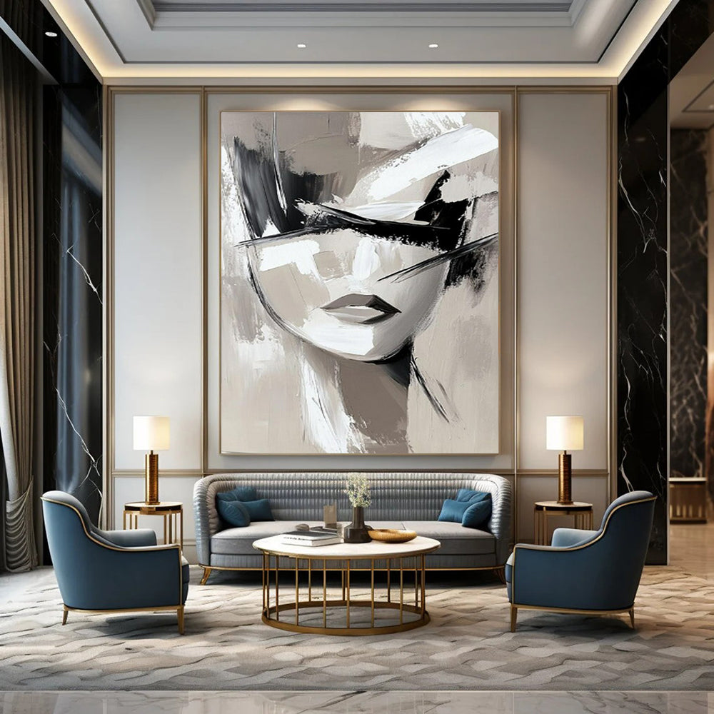 “Monochrome Abstract Face” - Black, White & Gray Abstract Portrait Painting On Canvas CT2193