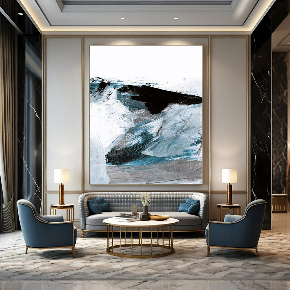 “Dynamic Blue Abstract Waves” - Blue, White, Black Abstract Painting On Canvas DTP220