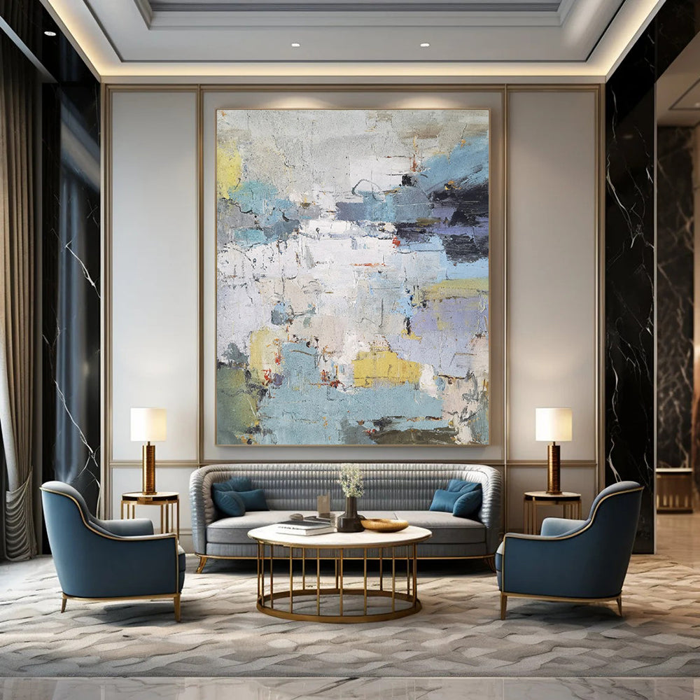 “Blue, Gray, Yellow Abstract Cityscape ‘Urban Hues’” - Textured Abstract Painting On Canvas DTP312