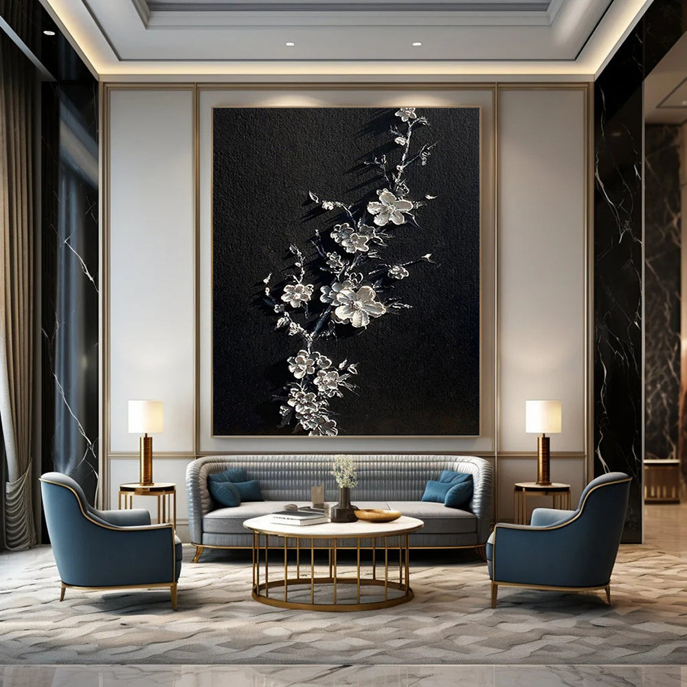 “Silver Blossoms” - Black & Silver 3D Floral Textured Painting On Canvas DKH1543
