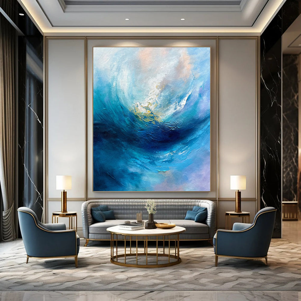“Blue Abstract Wave” - Blue & White Abstract Painting On Canvas CT2250