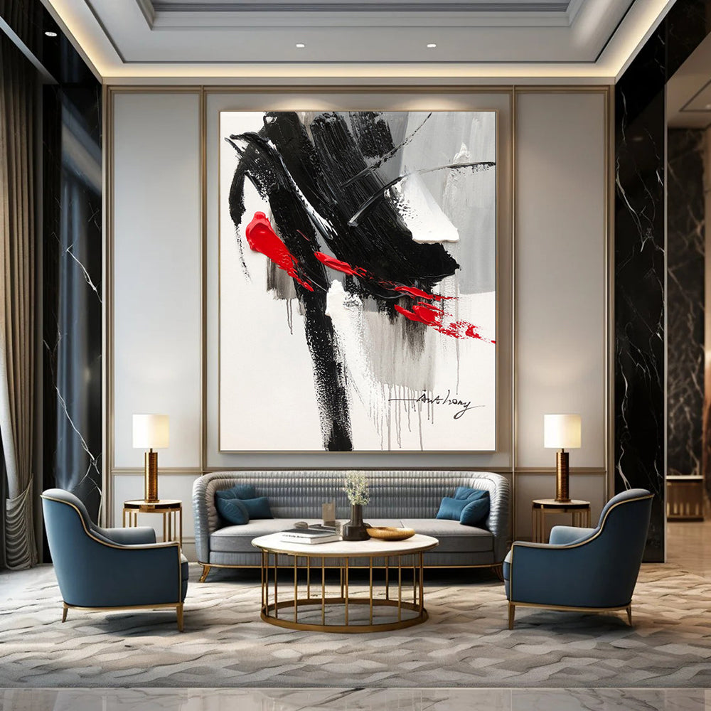 “Black, White, and Red Drama” – Bold Abstract Acrylic CT2088