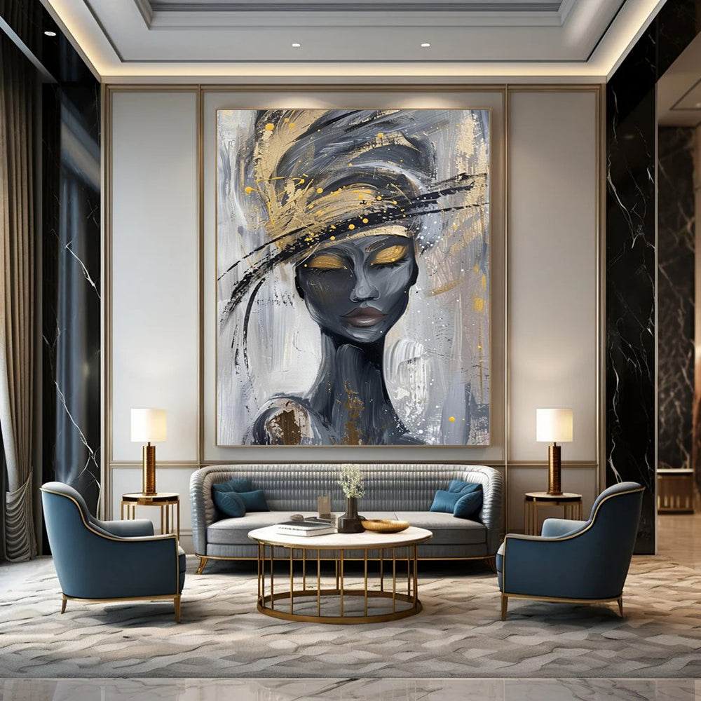 “Elegant Gold - Hatted Lady” - Gray, Black & Gold Abstract Portrait Painting On Canvas CT2197