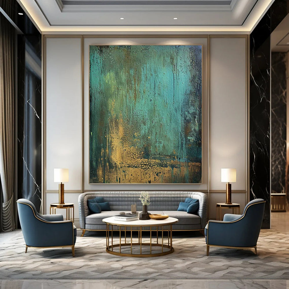 “Teal & Gold Rustic Textures” - Teal, Green, Brown & Gold Abstract Textured Painting On Canvas DKH1194