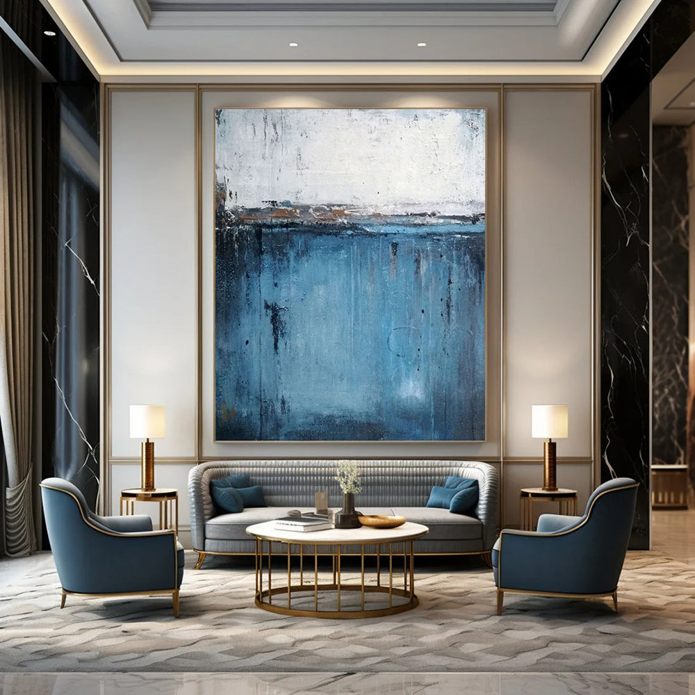“Minimalist Drips” - Blue and White Abstract with Dripping Effects Painting On Canvas DKH1558