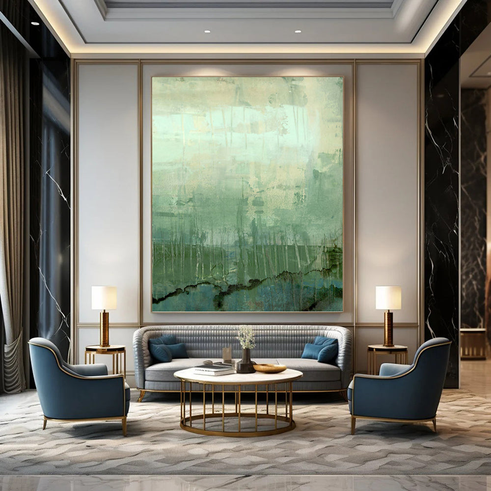 “Green - Blue Abstract Landscape” - Green, Blue & Gray Textured Painting On Canvas DKH0952