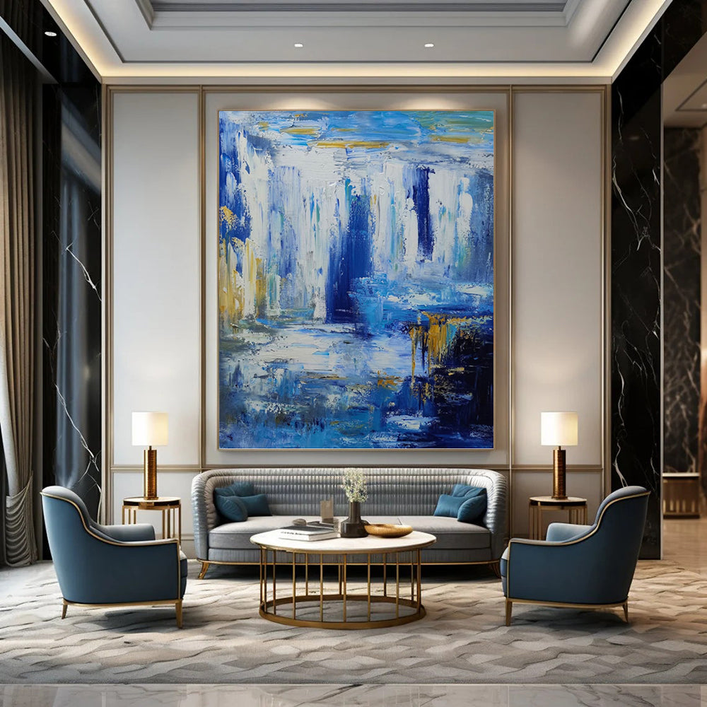 Blue and Gold Abstract Waterfall - Abstract Landscape Painting On Canvas DKH1332