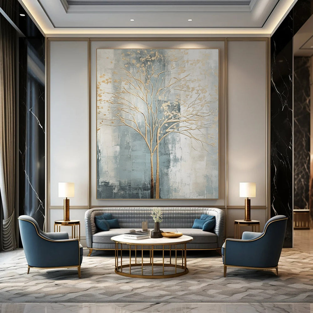 Gold Tree, Blue - Grey Background - "Gilded Growth" - Abstract Landscape Painting CT1838