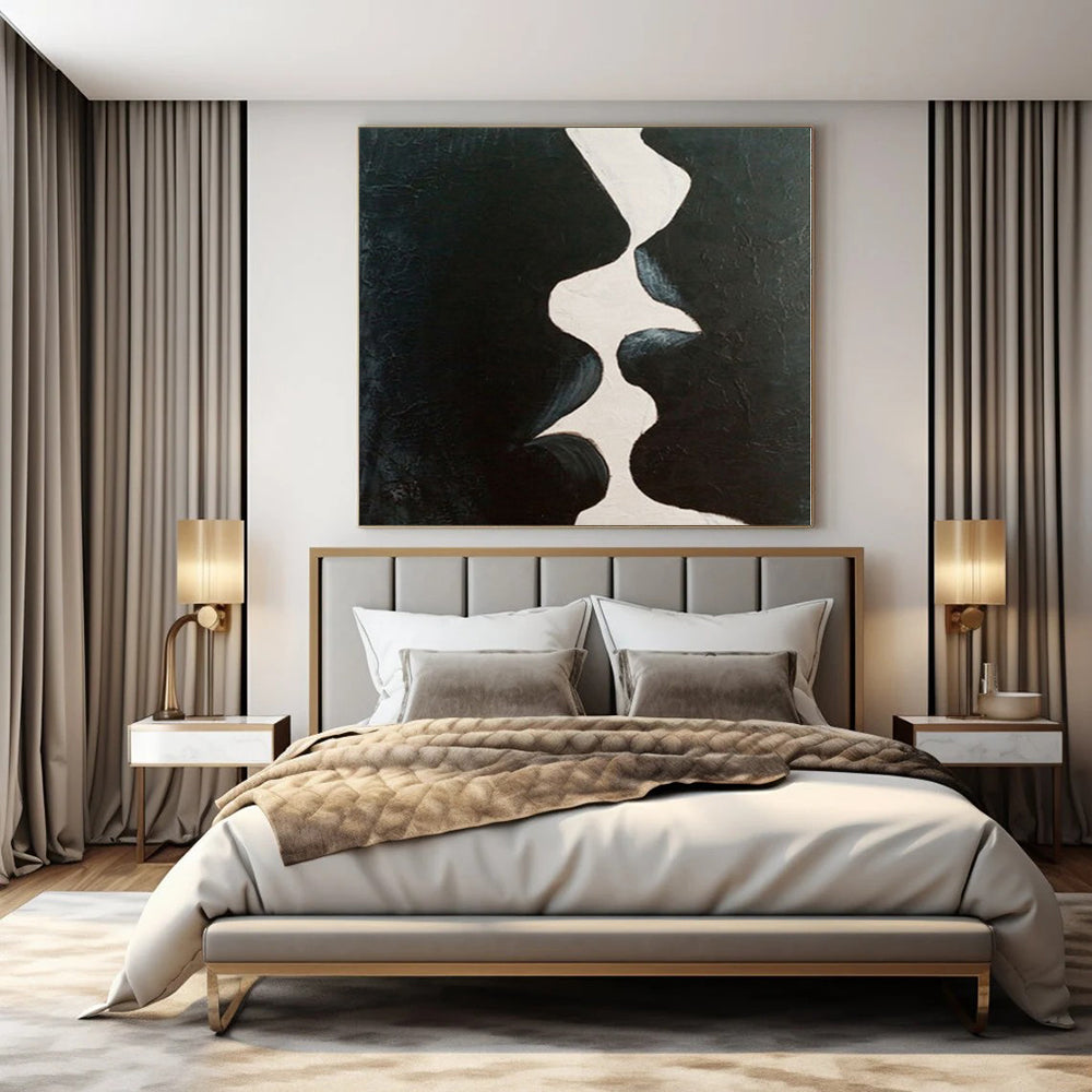 “Black - White Abstract Kiss” – Minimalist Figurative Painting CT1199