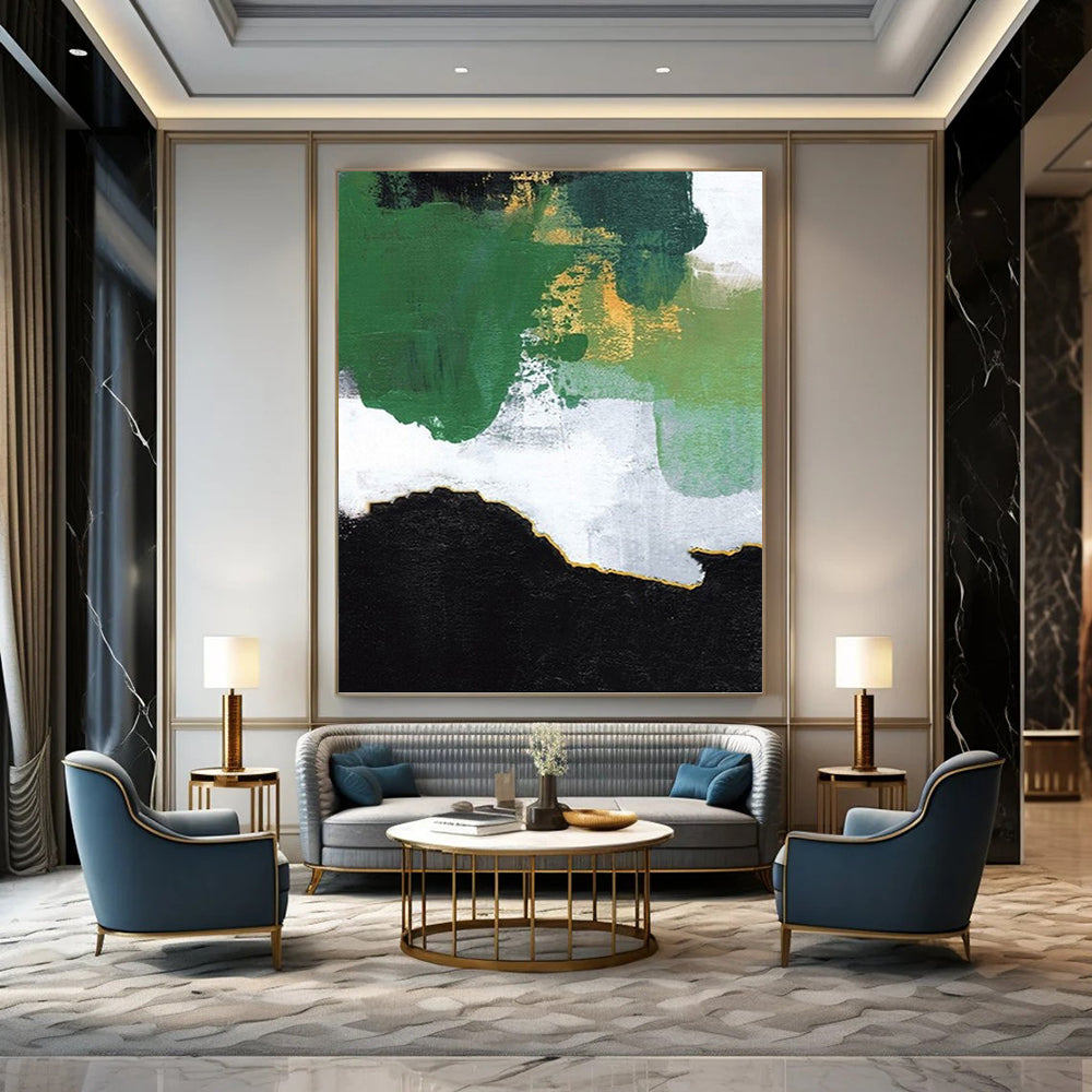 “Green, Gold & Black Abstract Layers” - Green, Gold, Black & White Abstract Painting On Canvas DKH1222