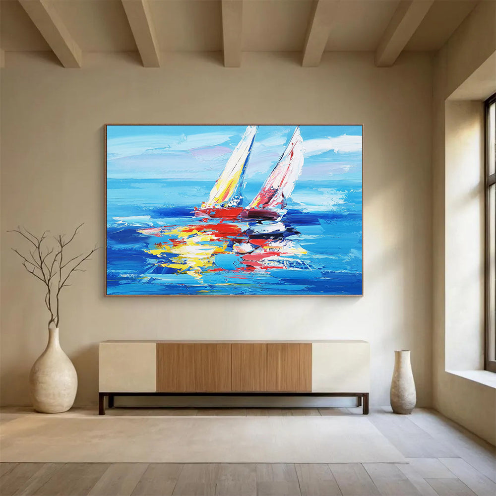 “Vibrant Sailboats at Sea” - Blue, Red & Yellow Impressionist Nautical Painting On Canvas DLZ266
