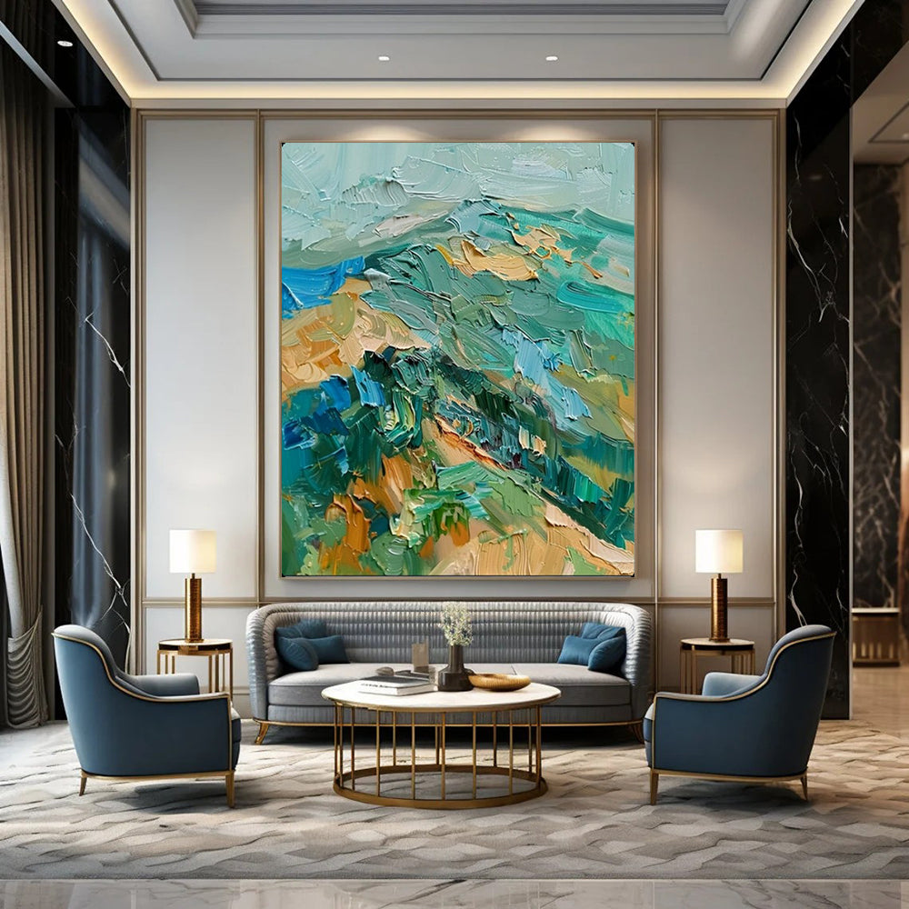 “Textured Green & Blue Mountainscape” – Impasto Landscape Painting On Canvas CT2120