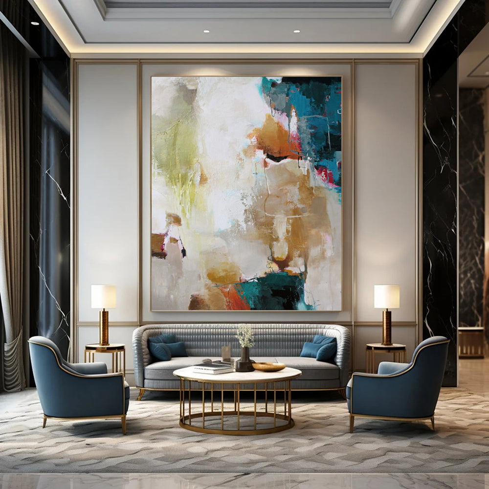 “Colorful Abstract Harmony” - Green, Blue, Gold, Pink & White Vibrant Painting On Canvas DKH1019
