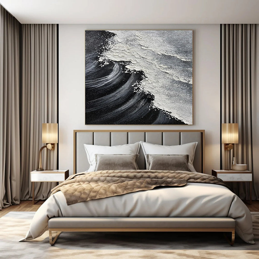 Black, White & Grey, Dynamic Wave - "Sea Rage" - Textured Abstract Acrylic Painting CT1484