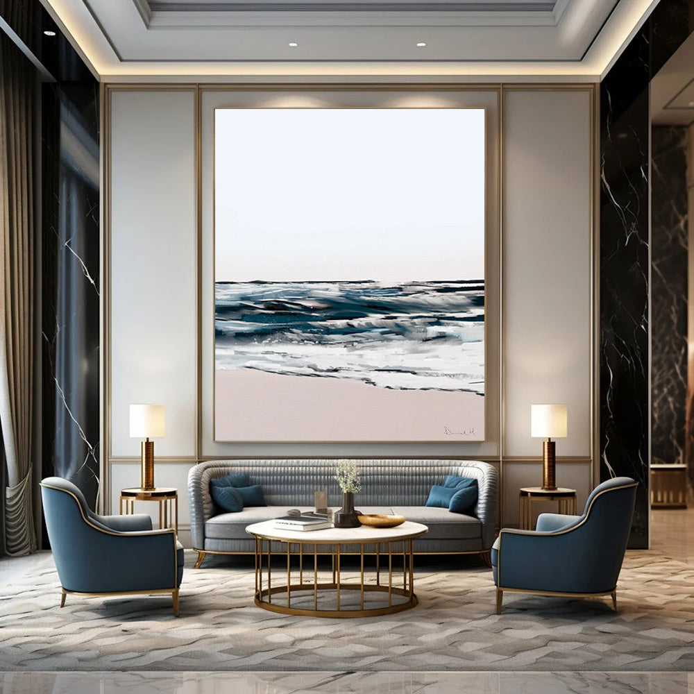“Abstract Coastal Waves” - Blue, White, and Pink Abstract Painting On Canvas DTP208