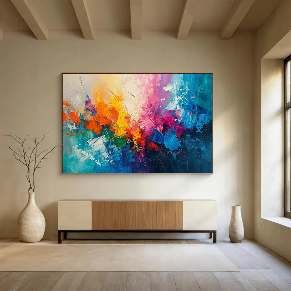 “Vibrant, Textured Abstract ‘Rainbow Energy Burst’” - Impasto Abstract Painting On Canvas DLZ049