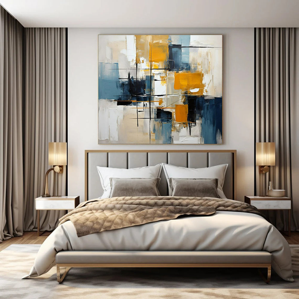 Bold Yellows, Blues & Neutrals, Dynamic Lines - "Urban Energy" - Abstract Oil Painting CT1452