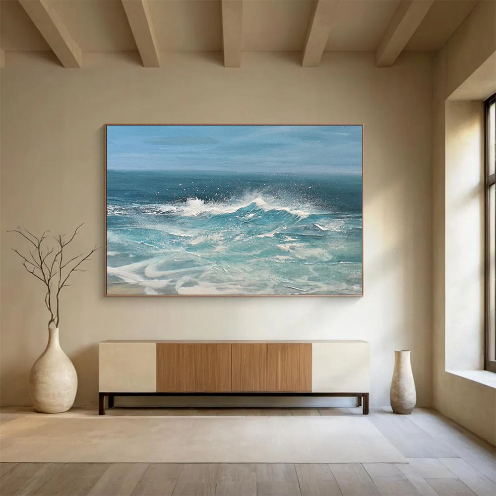 “Blue, White, Crashing Waves ‘Dynamic Surf’” - Realist Seascape Painting On Canvas DLZ025