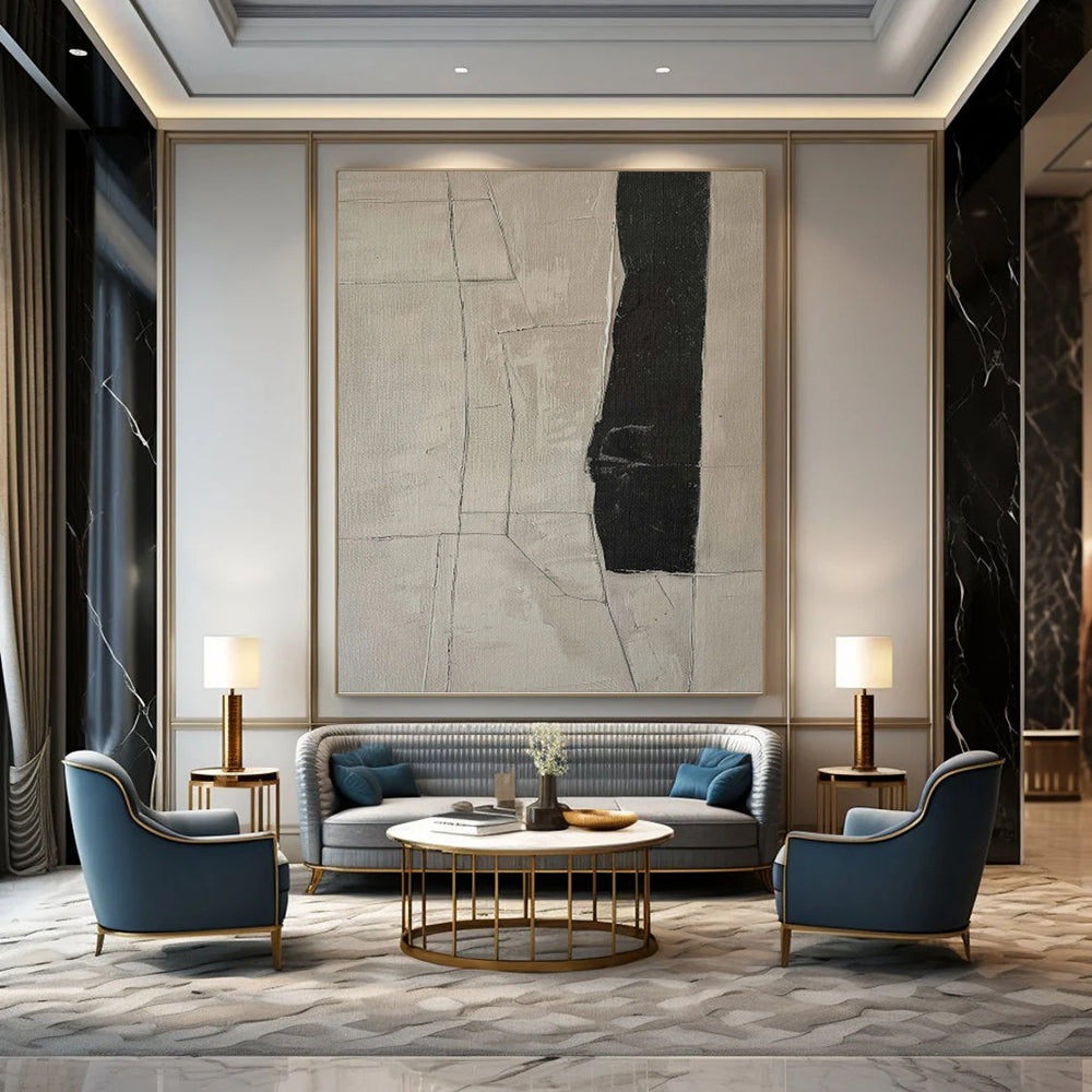 “Monochrome Cracks” - Beige & Black Geometric Lines Painting On Canvas DKH1158