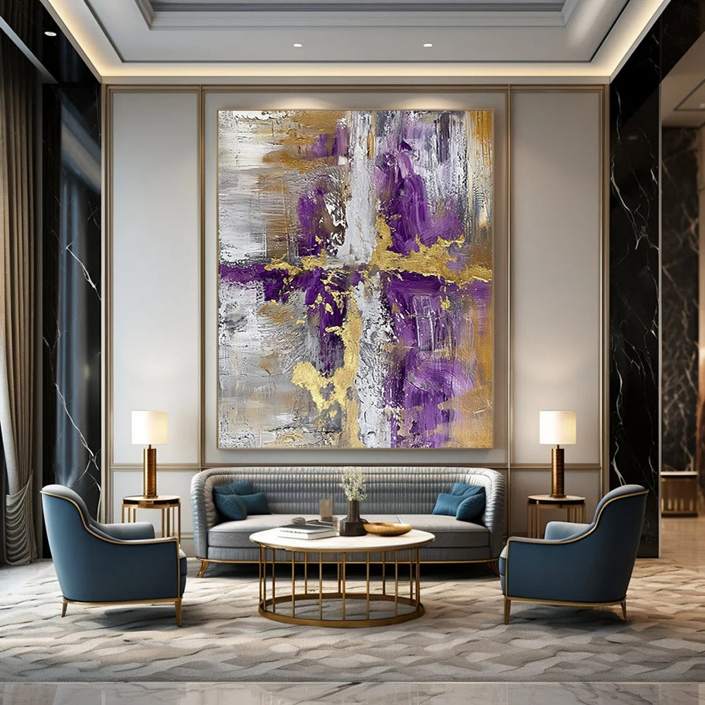 “Purple - Gold Geometric Abstraction” - Modernist Abstract Painting On Canvas DTP135