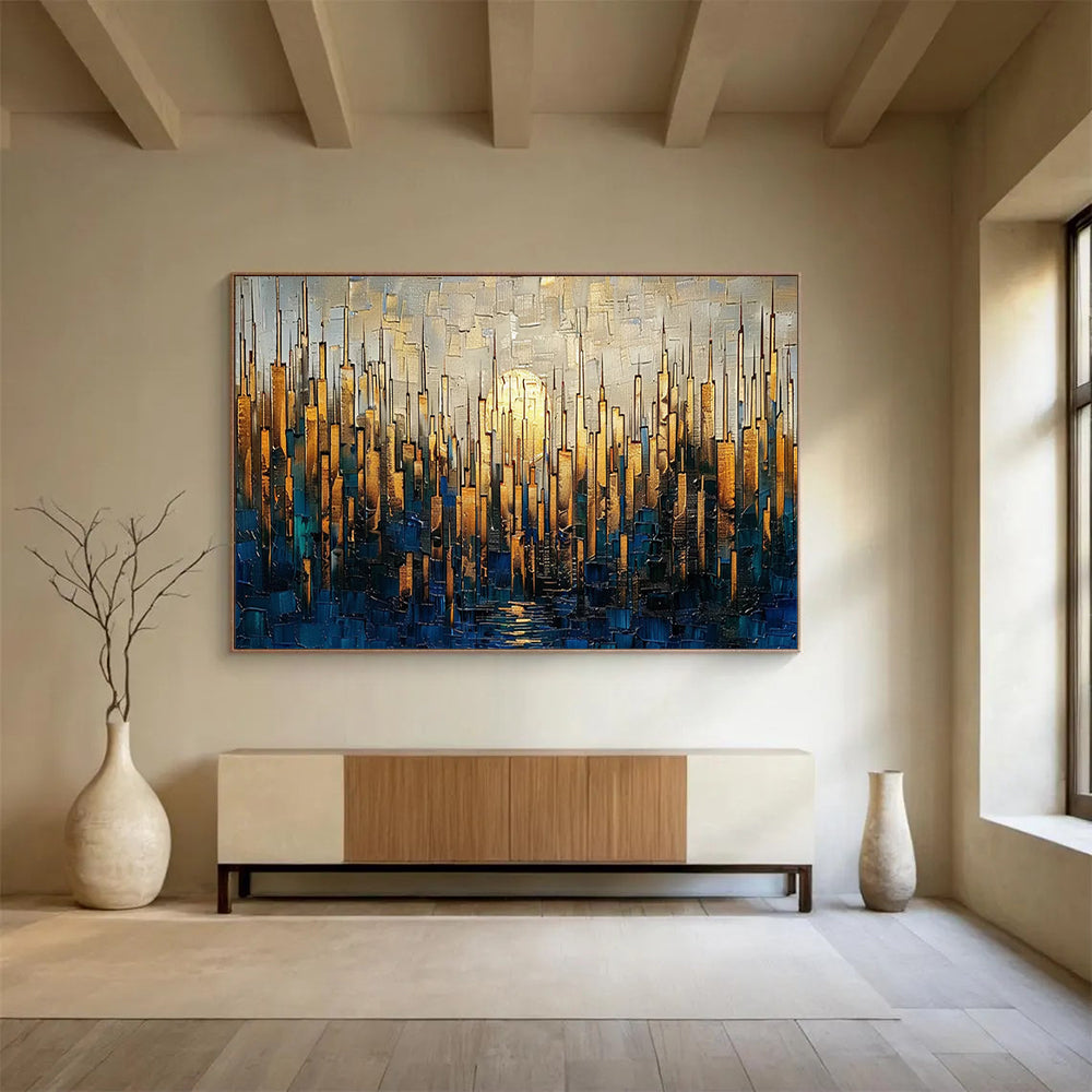 Golden Cityscape at Sunset - Textured Urban Landscape Painting On Canvas DLZ172