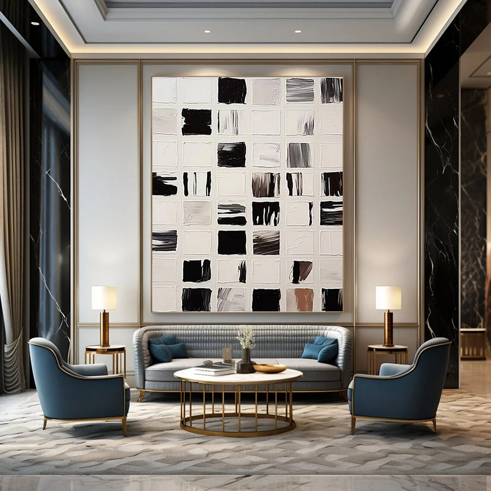 “Black and White Square Abstract - Microcosm of Color” Painting On Canvas DKH1133