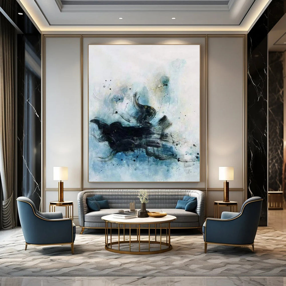 Black, Blue & White Ink - Like Flow - Abstract Painting On Canvas CT2305
