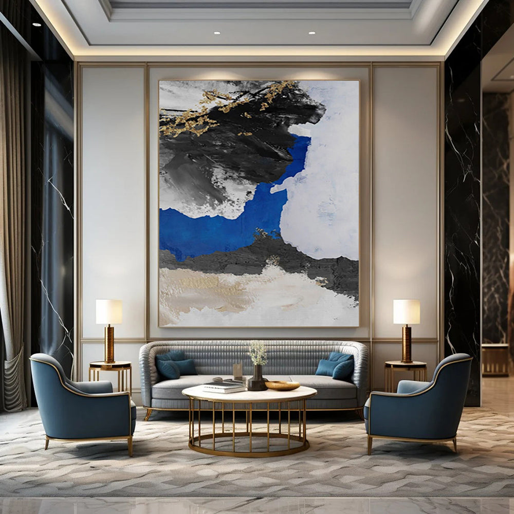 “Black - Blue - Gold Abstract Ink - Inspired” Painting On Canvas DKH1231